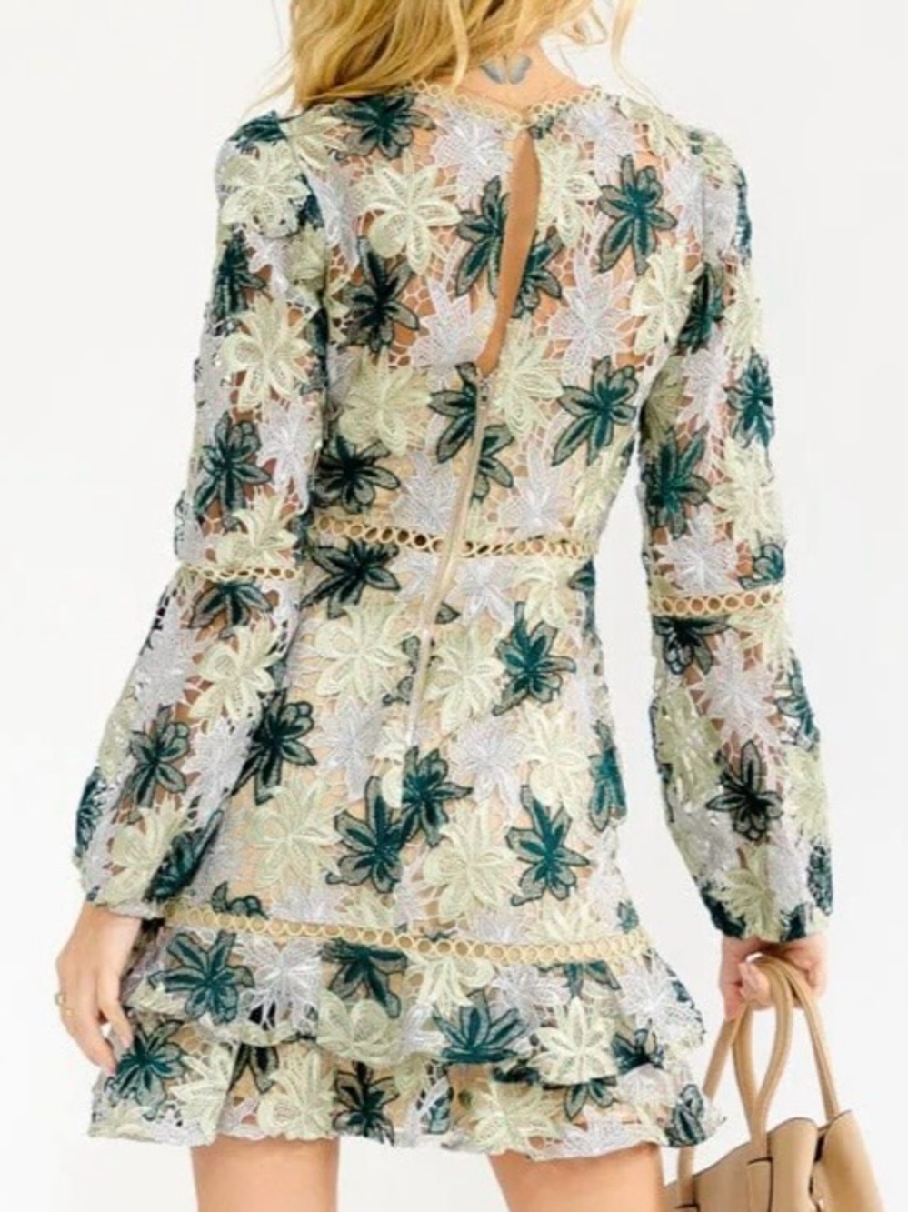 GREEN AND CREAM LONG SLEEVE FLORAL MINI DRESS WITH CROCHET AND LACE DETAILS - Picture 3 of 13